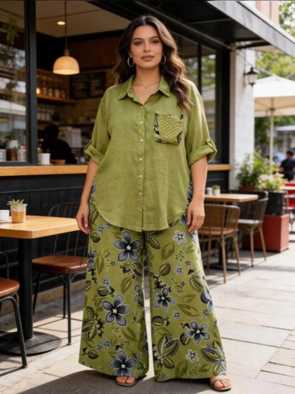 Made in Italy Garden Party Linen Pants Set - Green - One Size: Fits L to 2X